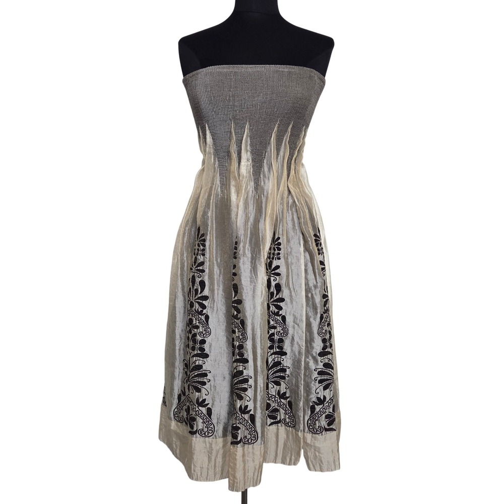 Lapis Smocked Convertible Strapless Midi Dress Maxi Skirt Floral Embroidery OS